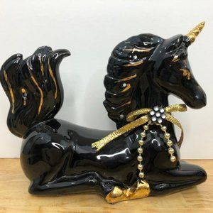 Vintage Black and Gold Ceramic Unicorn Vanity Set
